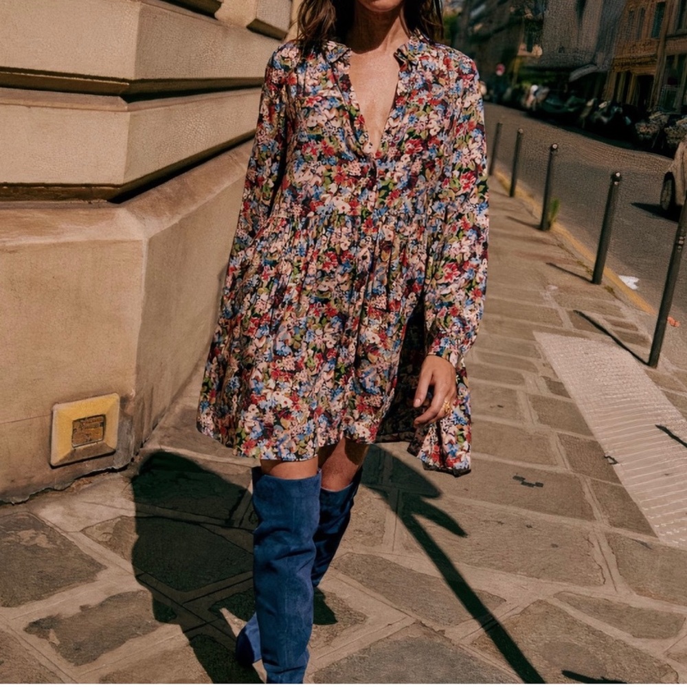 Sezane Leana Floral Mini Long Sleeve Dress